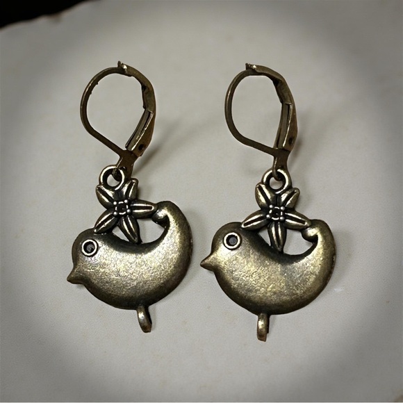Hand Crafted Jewelry - Handmade Antique Bronze Bird Earrings . Lever-back Hooks . Boho . Boho Cute Gift